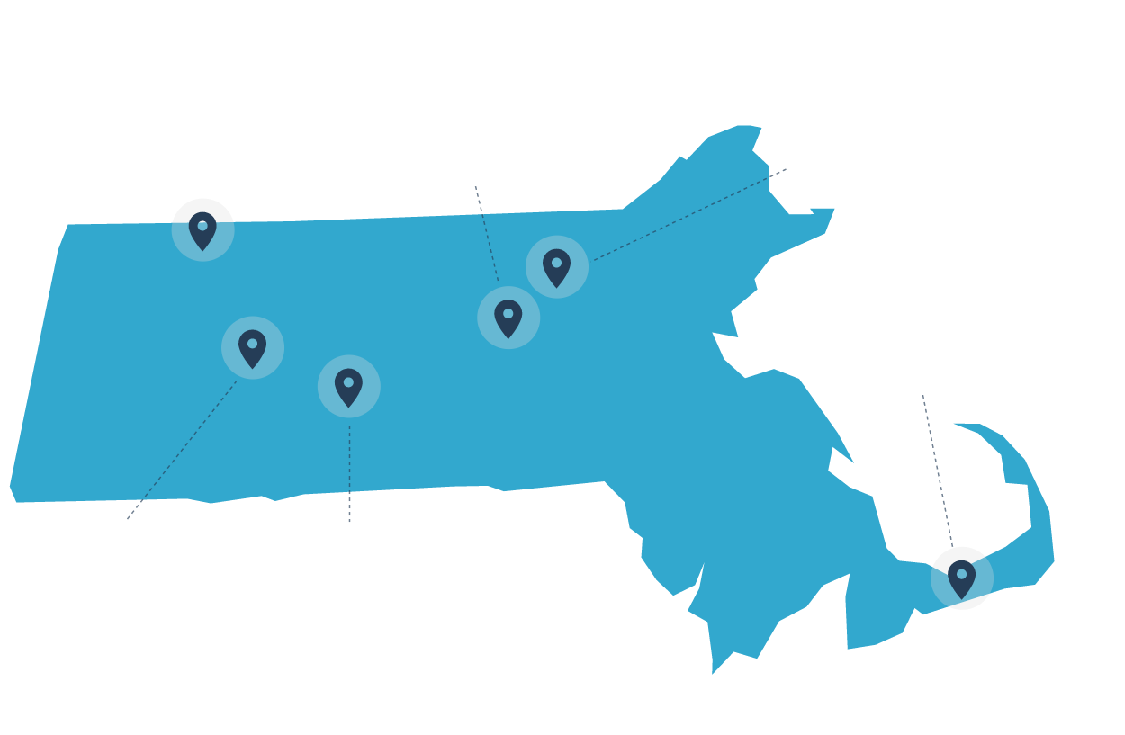 map of Massachusetts with pins